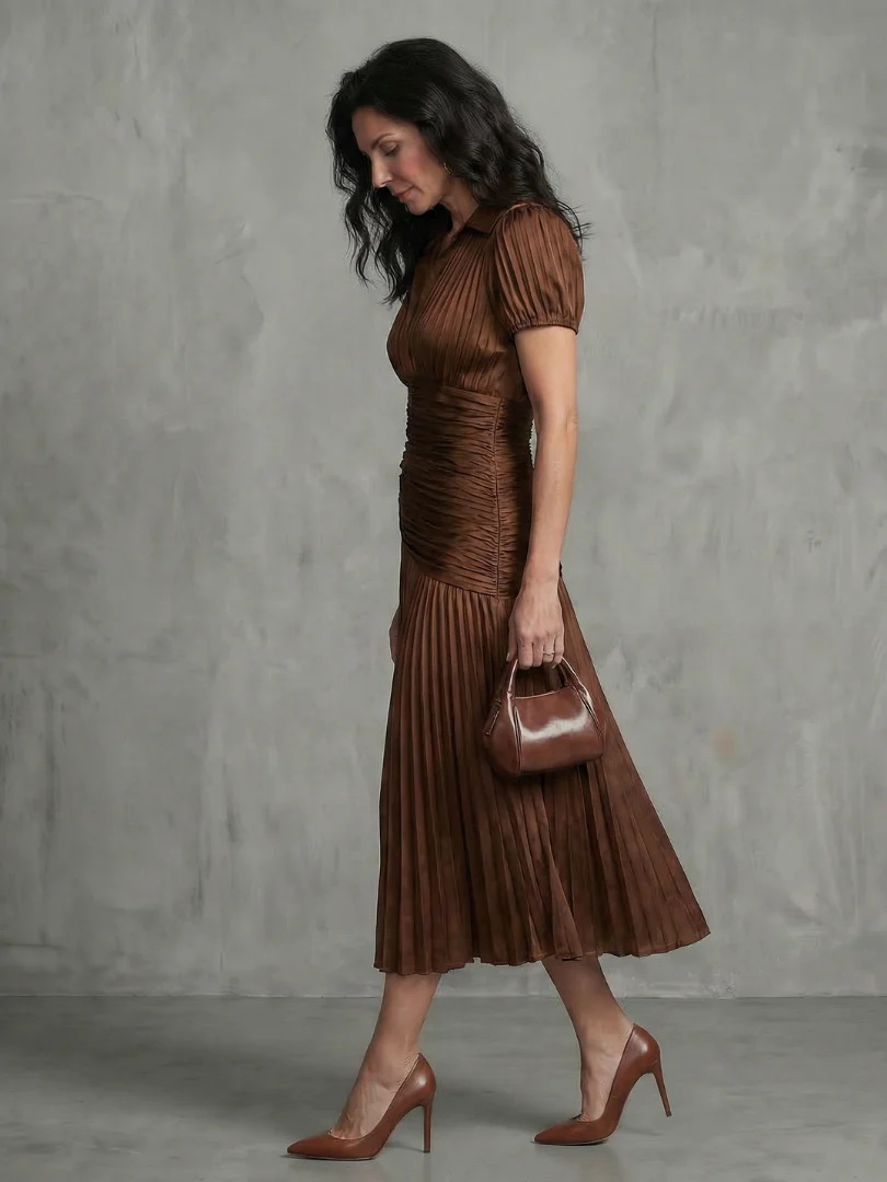 Collared Short Sleeve Pleated Ruched Midi Dress 14