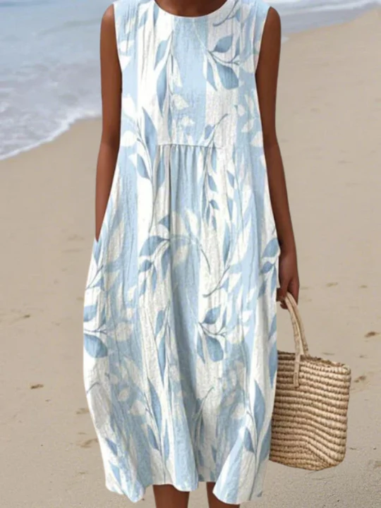 Leaf Print Crew Neck Sleeveless Pocket Midi Dress