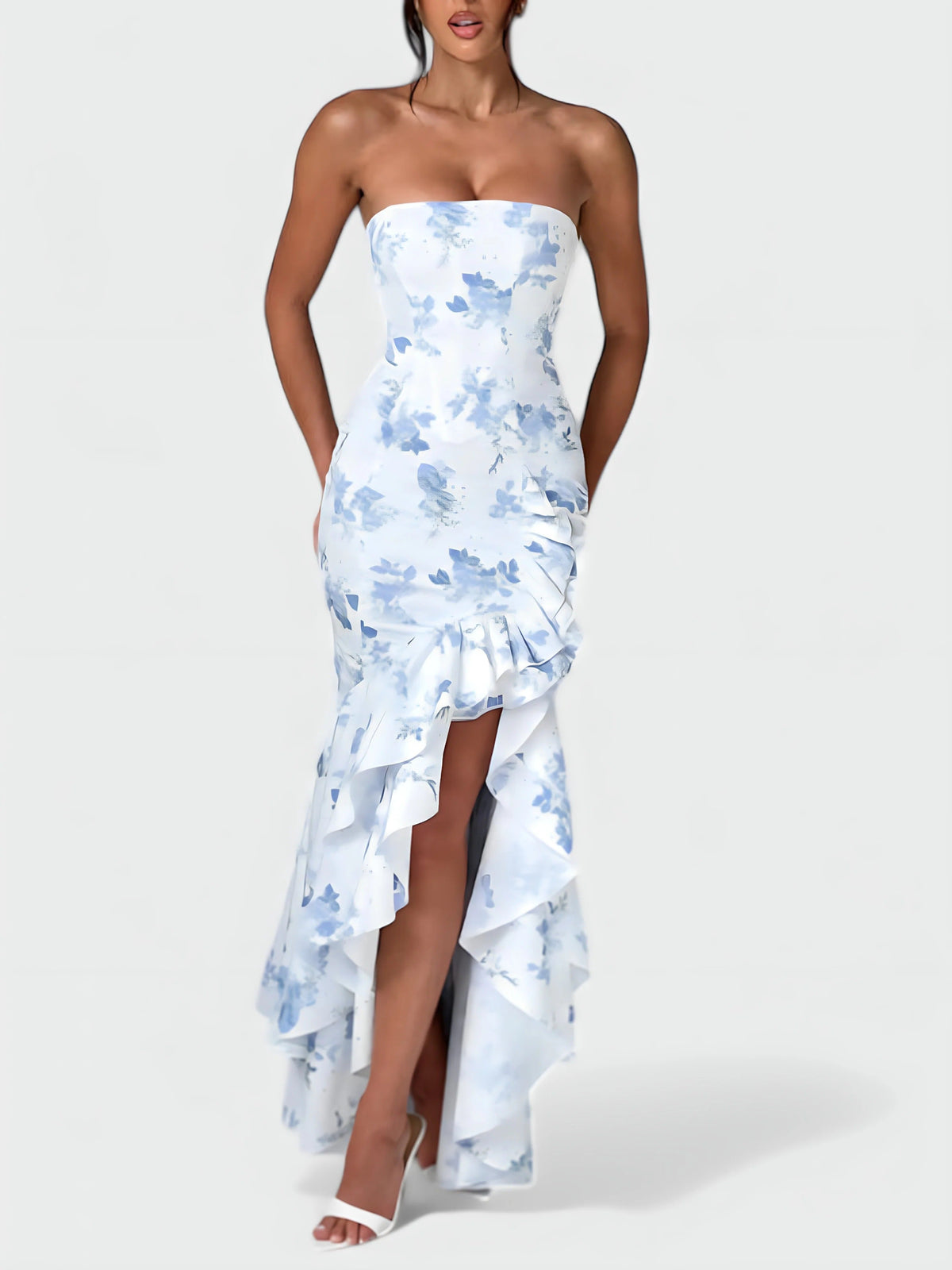 Strapless Floral Ruffle High Low Fishtail Maxi Dress 4