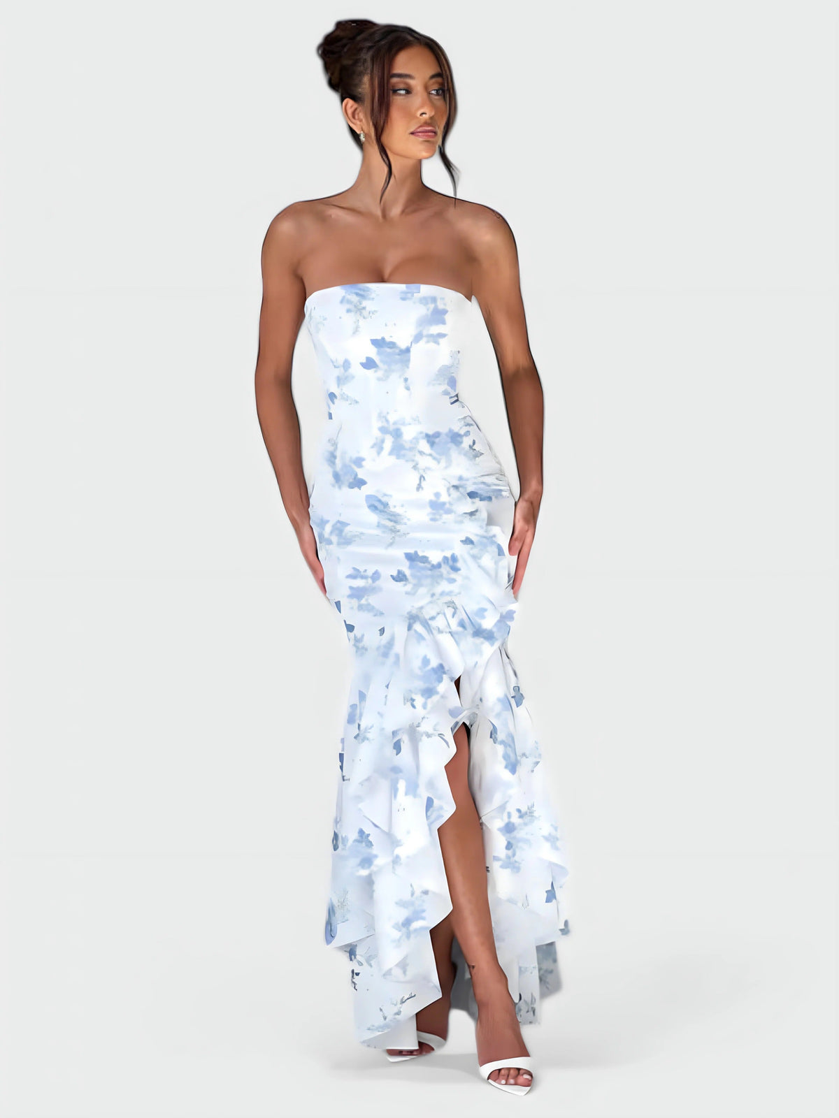 Strapless Floral Ruffle High Low Fishtail Maxi Dress 5