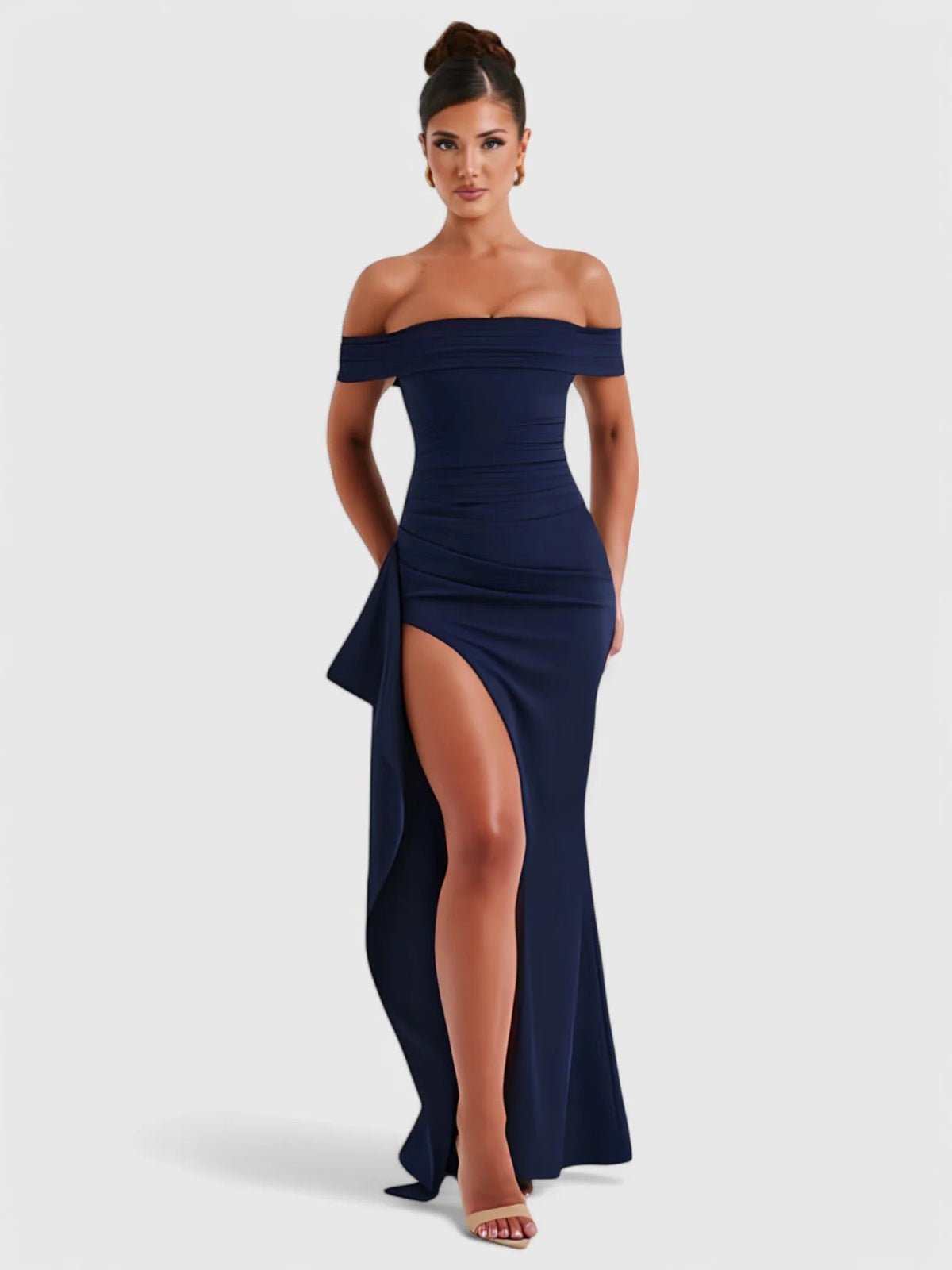 Off Shoulder Ruched High Split Maxi Dress 11