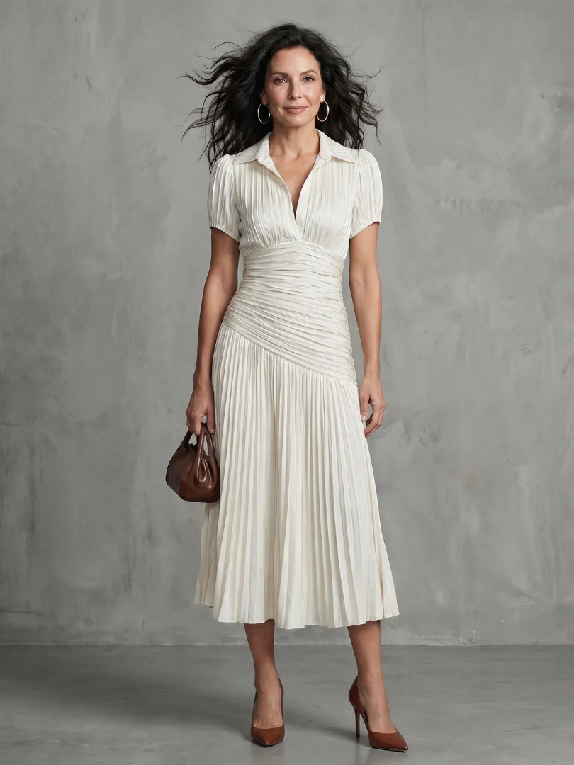 Collared Short Sleeve Pleated Ruched Midi Dress 16
