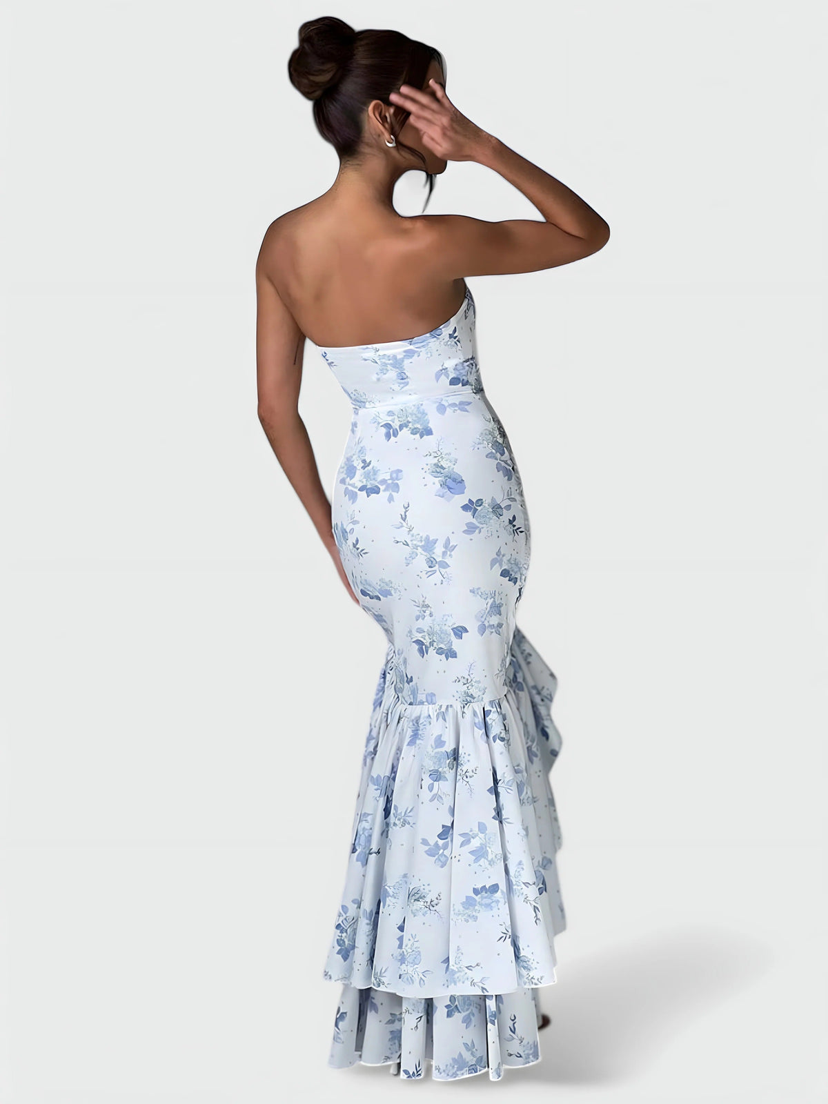 Strapless Floral Ruffle High Low Fishtail Maxi Dress 6