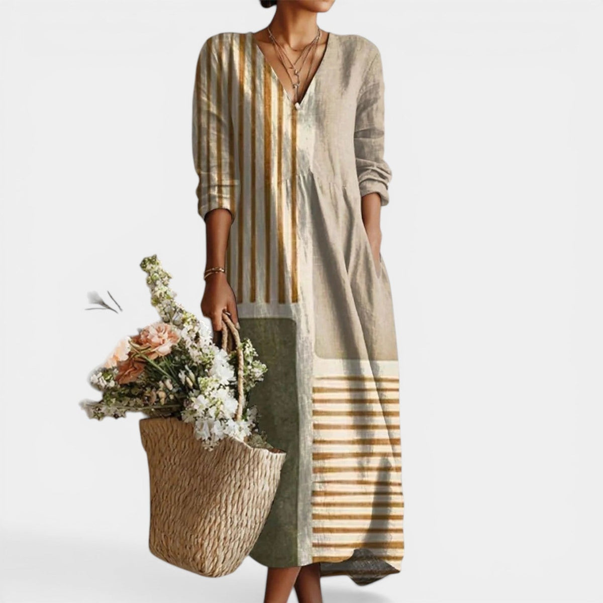 Striped Colorblock V-Neck Long Sleeve Midi Dress