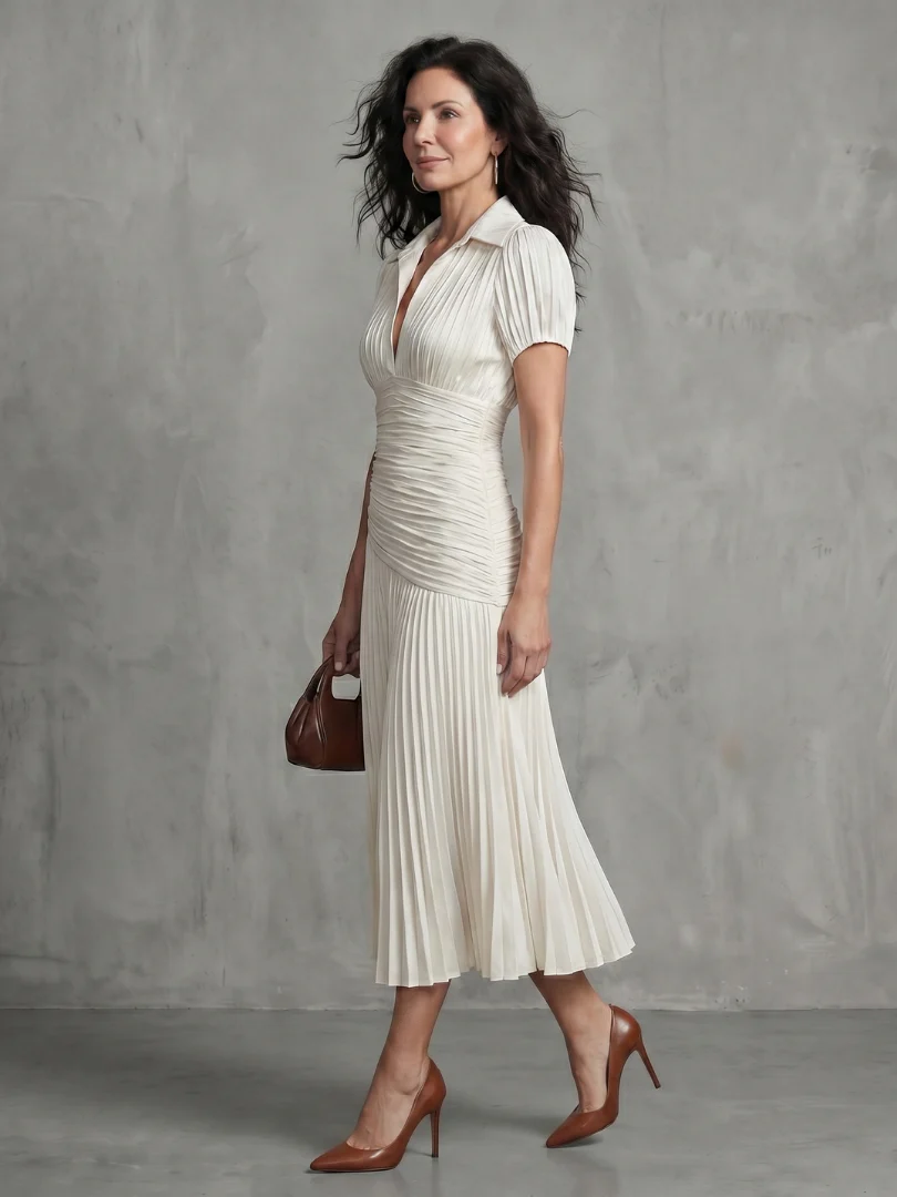 Collared Short Sleeve Pleated Ruched Midi Dress 19