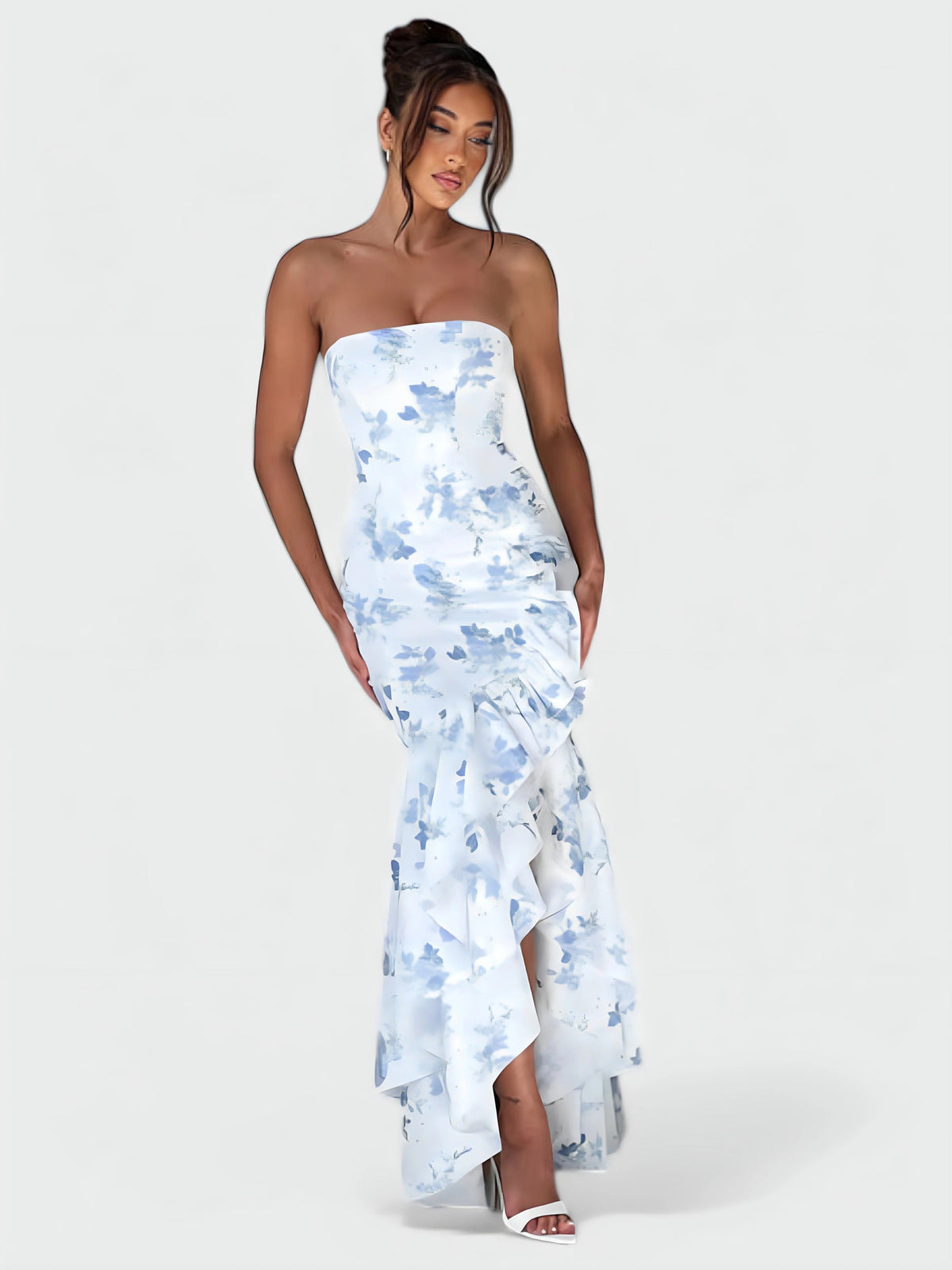 Strapless Floral Ruffle High Low Fishtail Maxi Dress 3