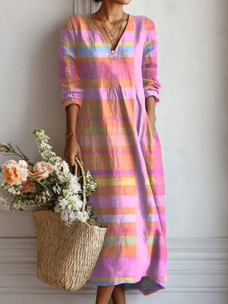 Plaid Print V-Neck Long Sleeve Midi Dress