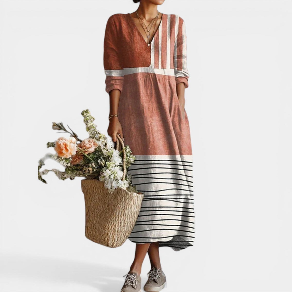 Colorblock Striped V-Neck Long Sleeve Linen Midi Dress