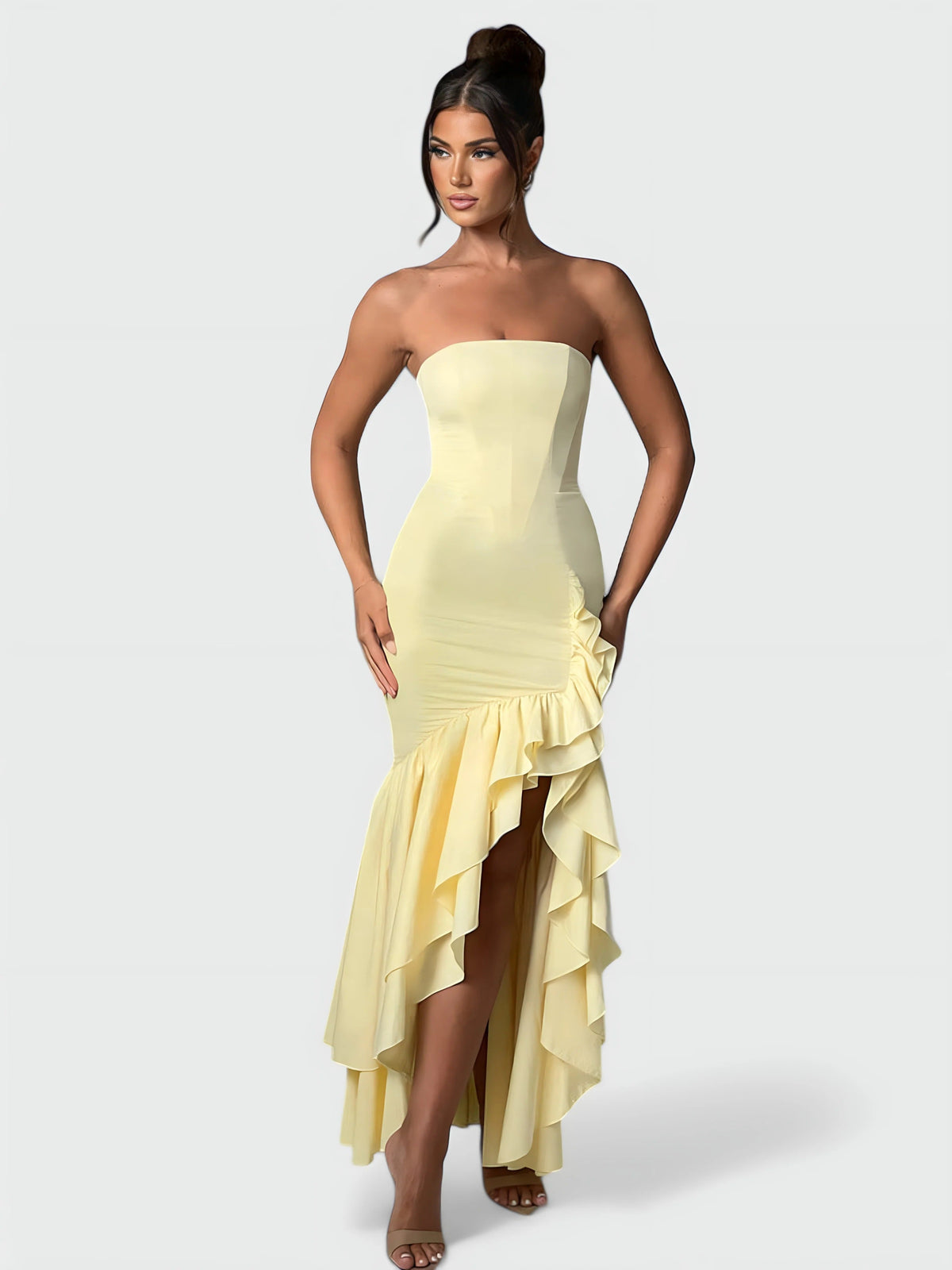 Strapless Floral Ruffle High Low Fishtail Maxi Dress 7