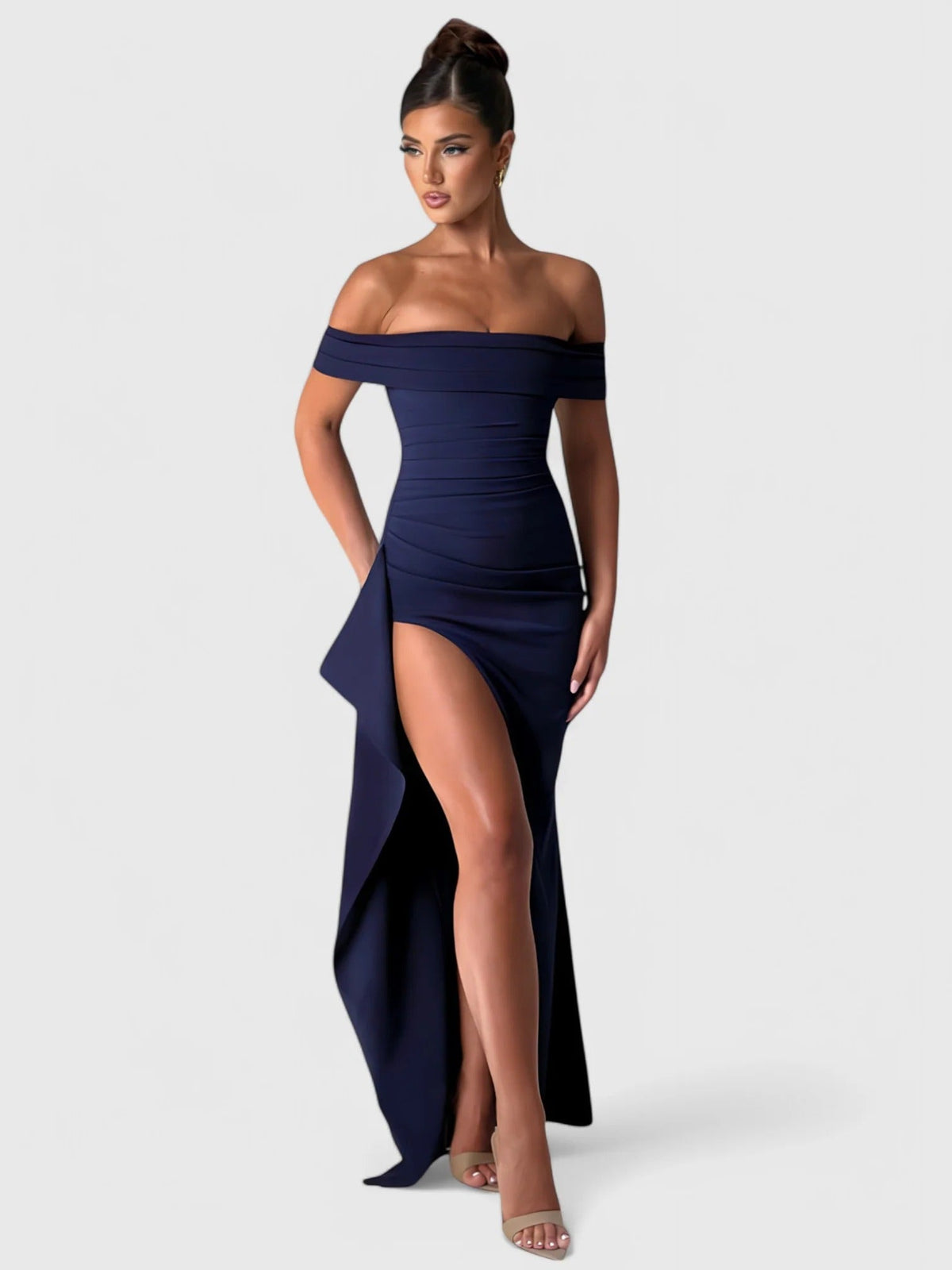 Off Shoulder Ruched High Split Maxi Dress 14
