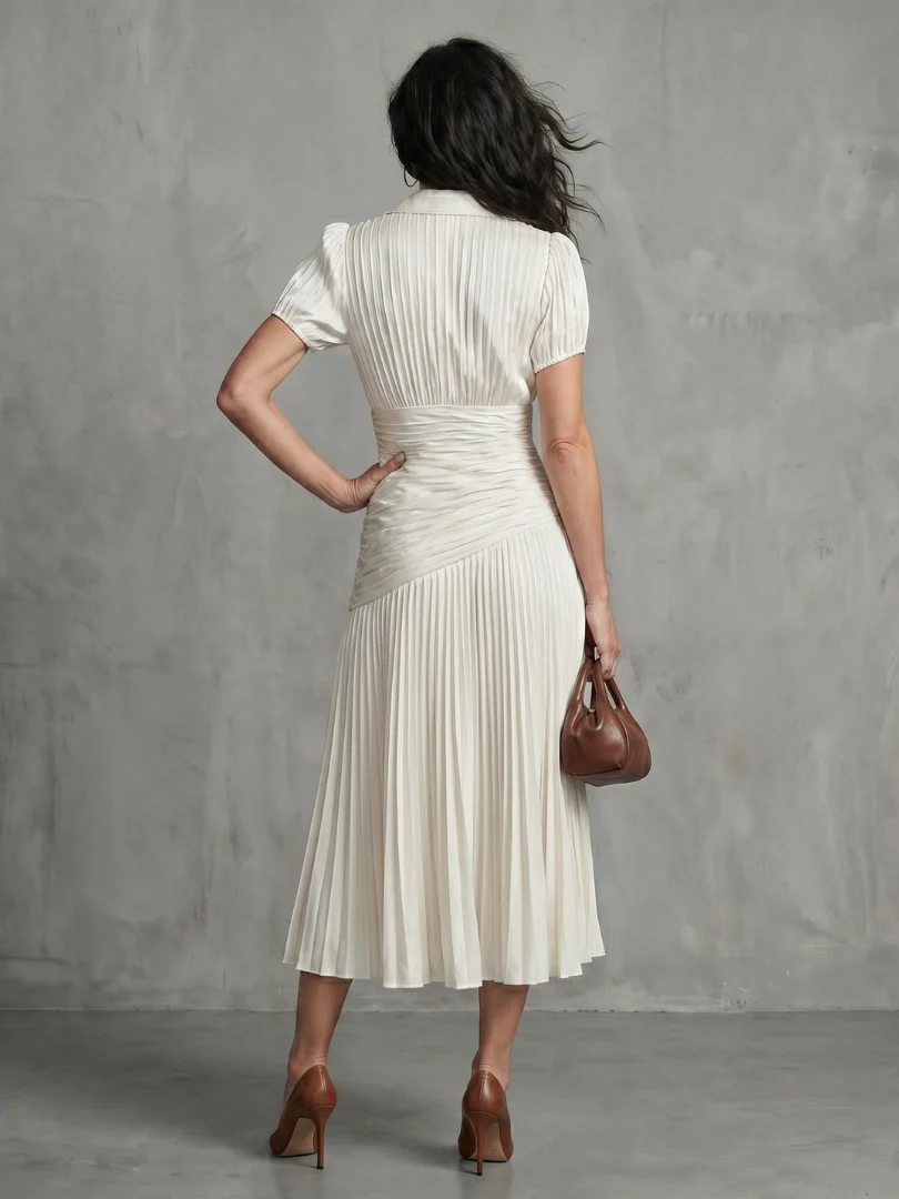 Collared Short Sleeve Pleated Ruched Midi Dress 17