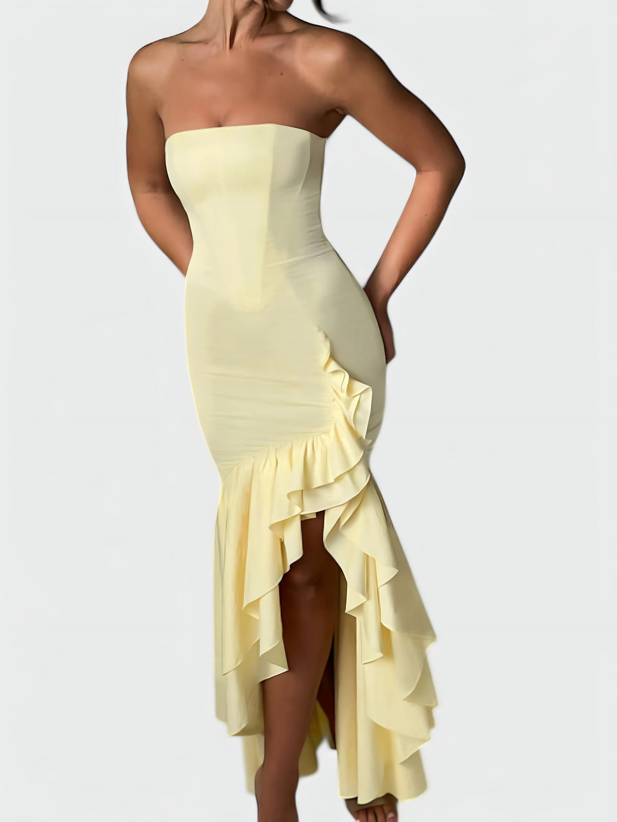 Strapless Floral Ruffle High Low Fishtail Maxi Dress 8