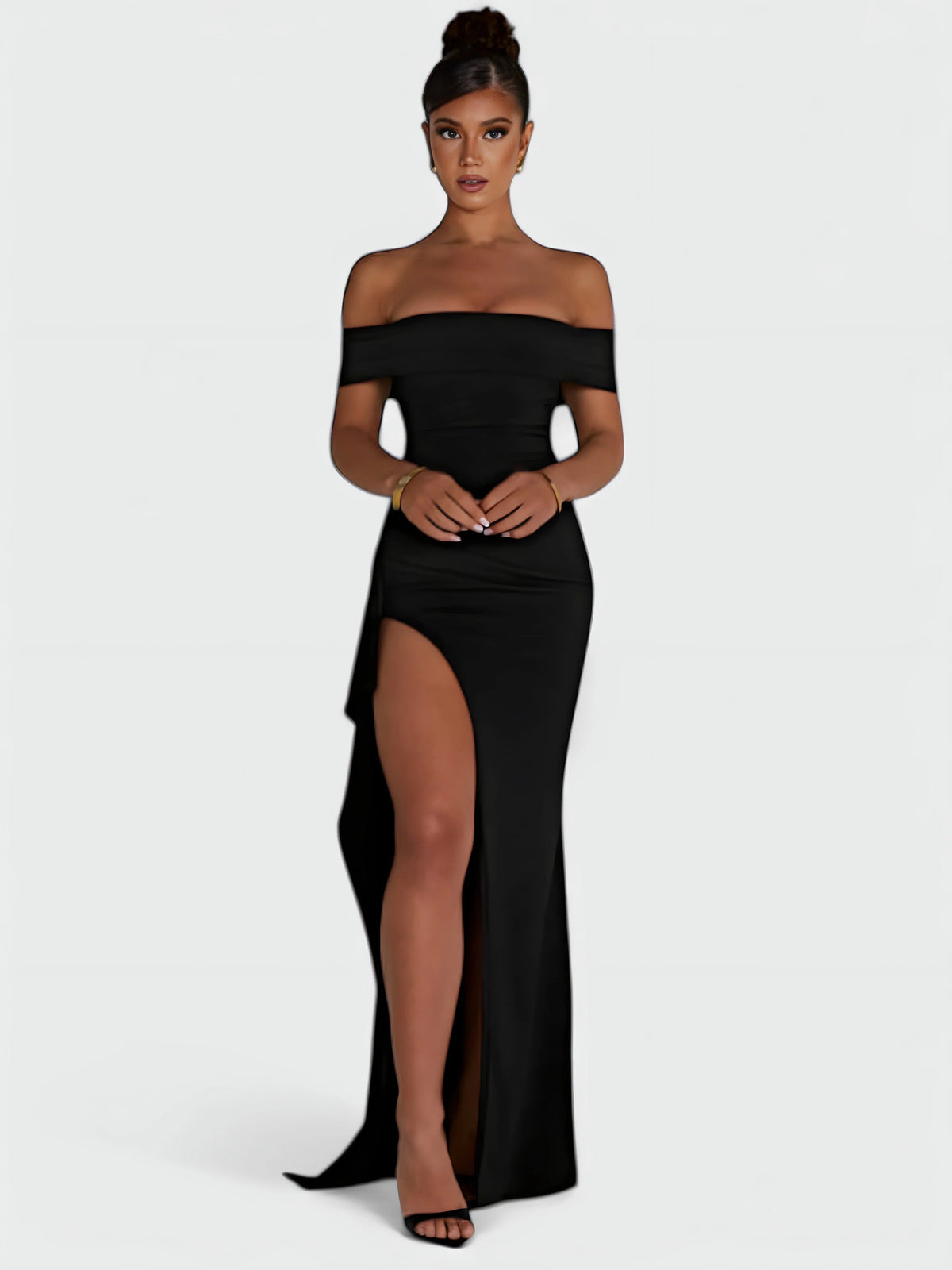 Off Shoulder Ruched High Split Maxi Dress 15