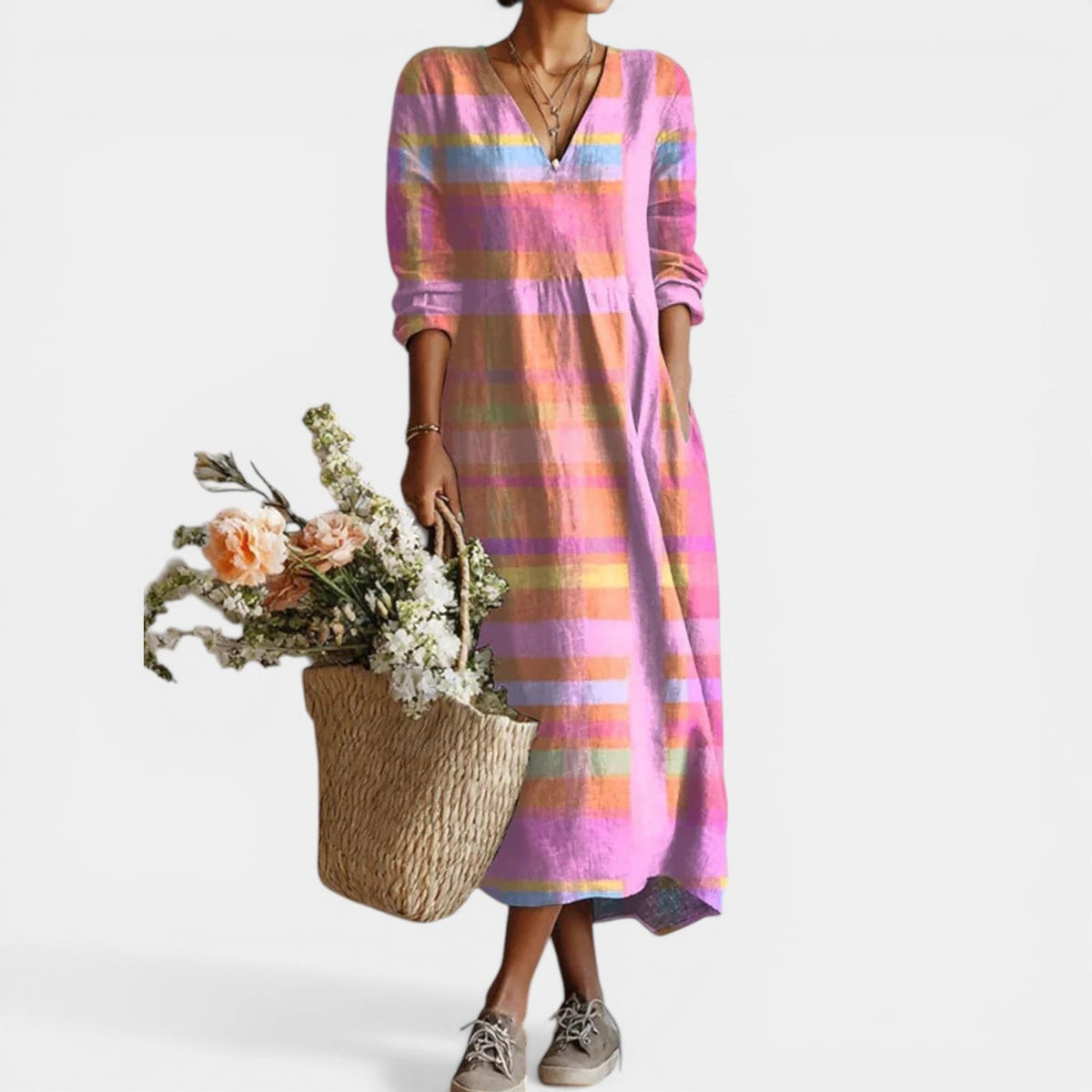 Striped V-Neck Long Sleeve Relaxed Midi Dress