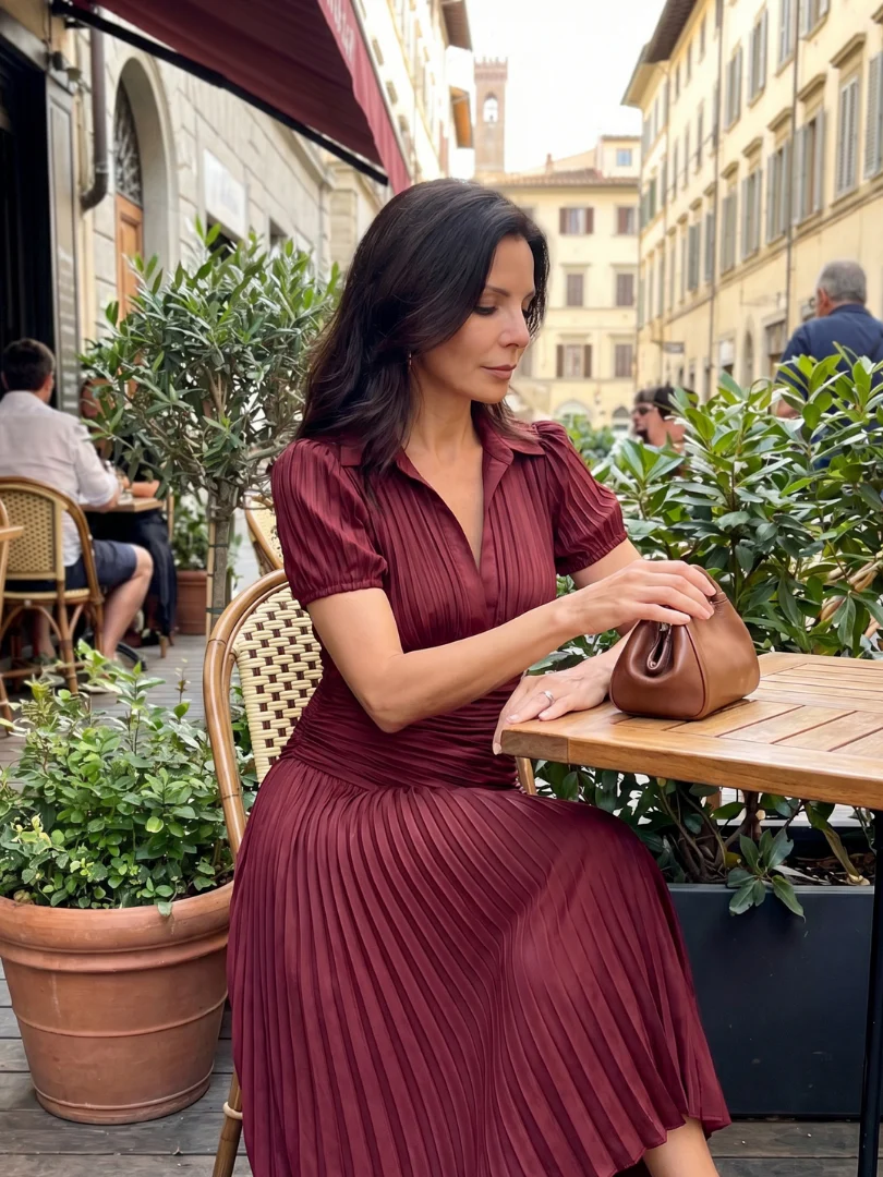 Collared Short Sleeve Pleated Ruched Midi Dress 21