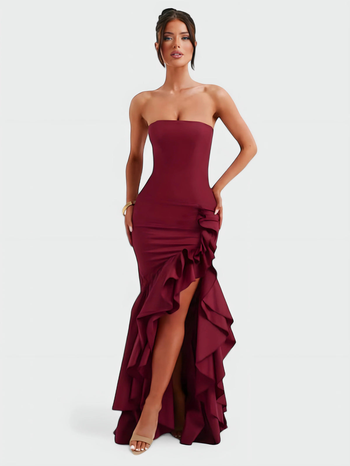 Strapless Floral Ruffle High Low Fishtail Maxi Dress 9