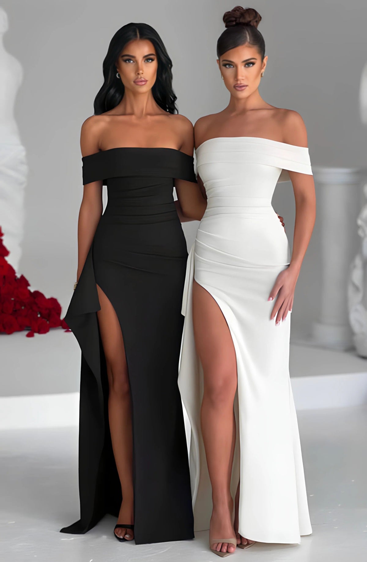 Off Shoulder Ruched High Split Maxi Dress 17