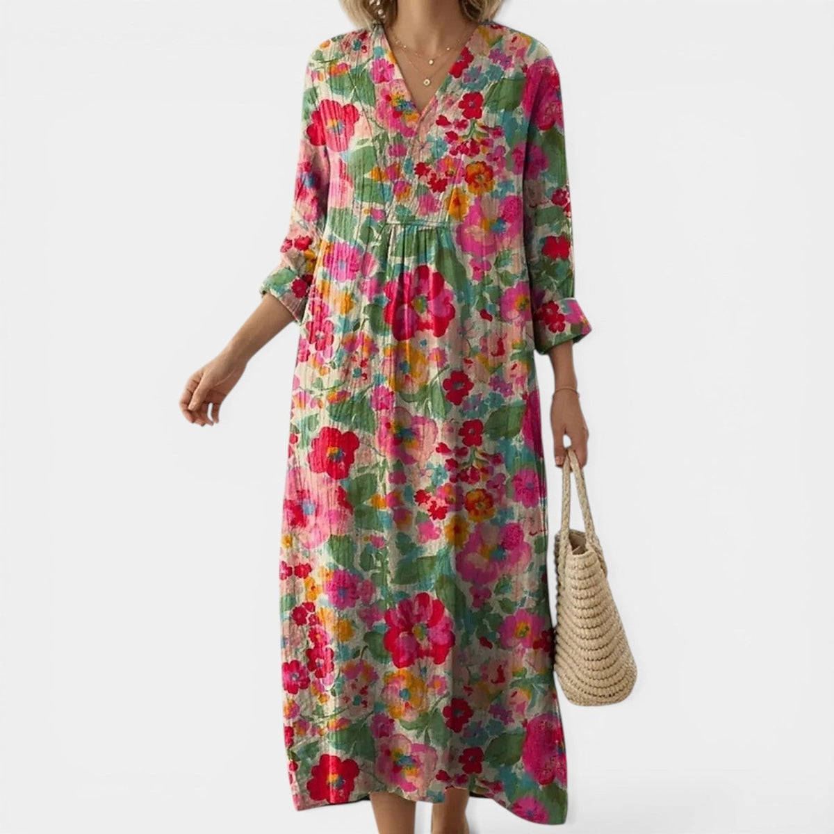 Floral Print V-Neck Long Sleeve Pleated Midi Dress