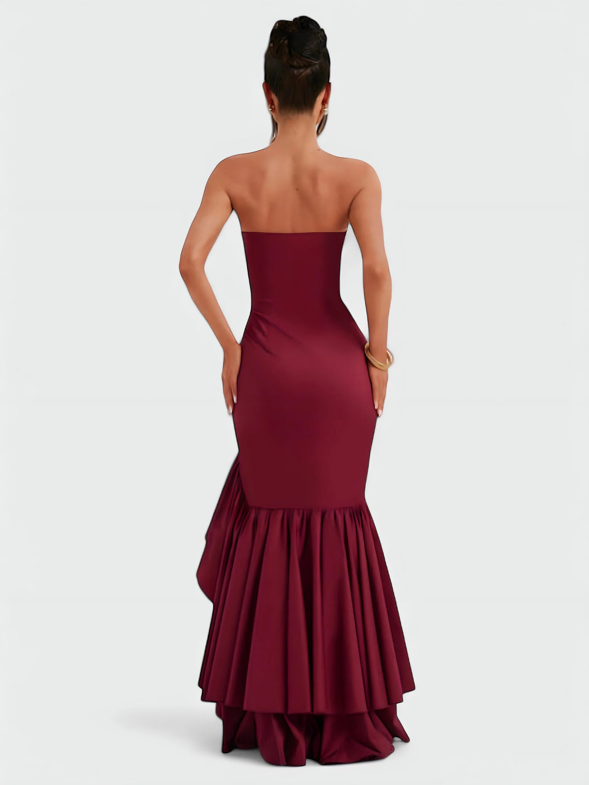 Strapless Floral Ruffle High Low Fishtail Maxi Dress 10