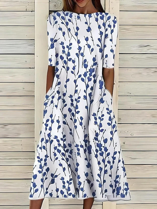 Floral Print Crew Neck Short Sleeve Pocket Midi Dress