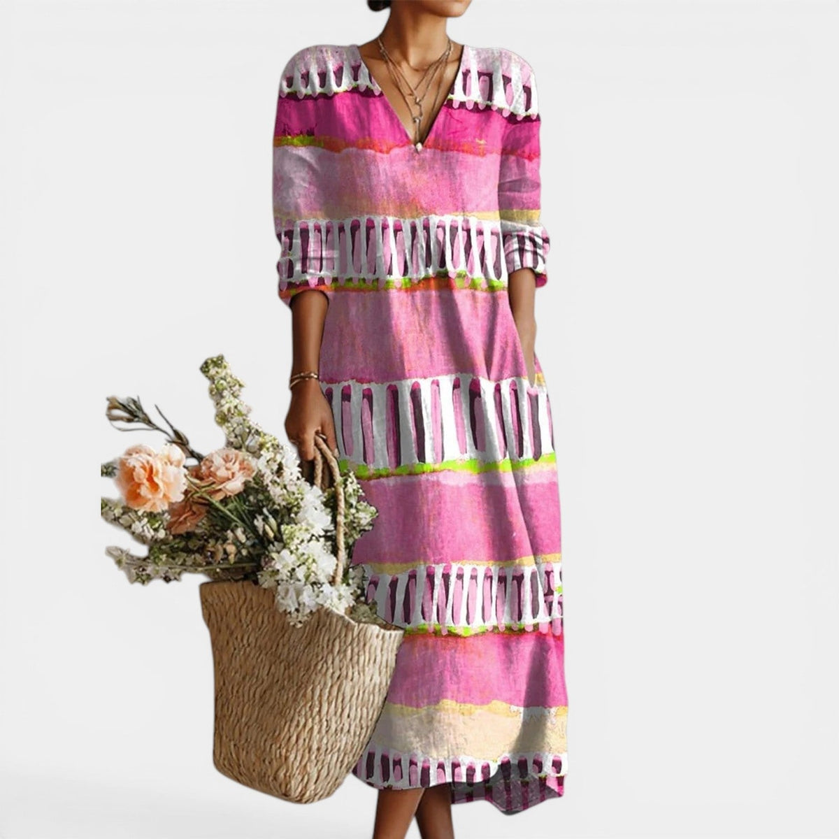 Abstract Stripe Print V-Neck Long Sleeve Pleated Midi Dress