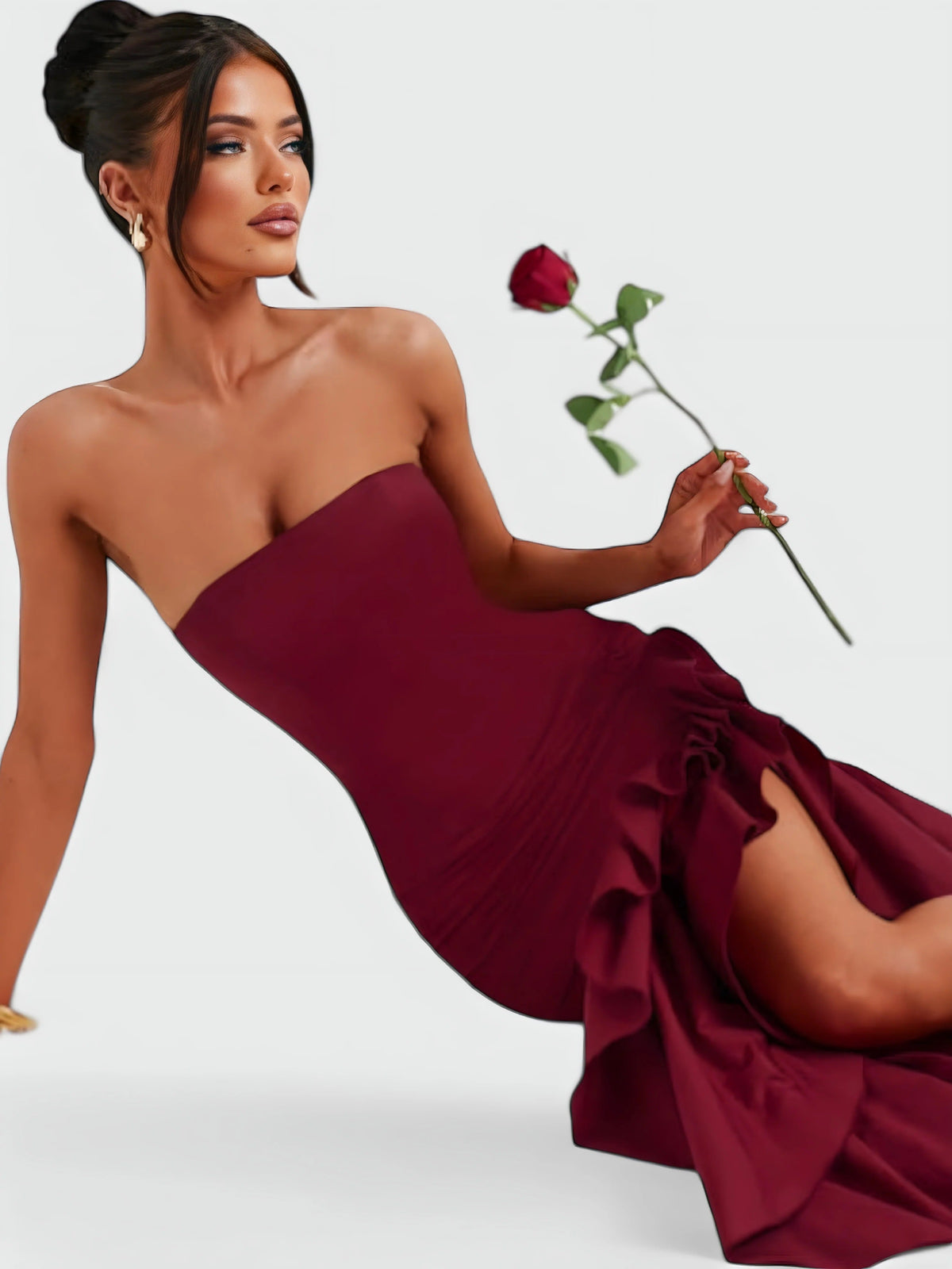 Strapless Floral Ruffle High Low Fishtail Maxi Dress 12