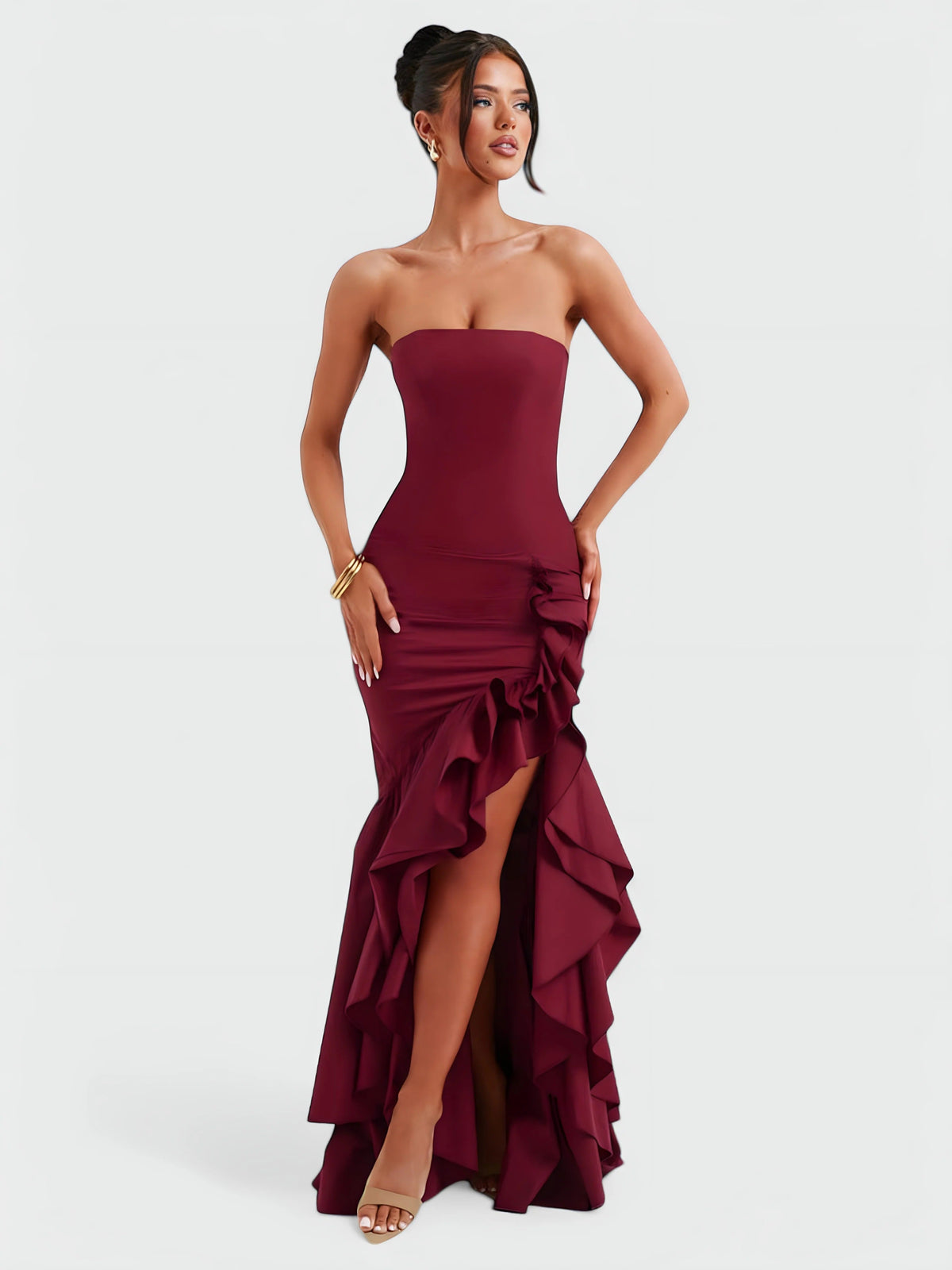 Strapless Floral Ruffle High Low Fishtail Maxi Dress 13
