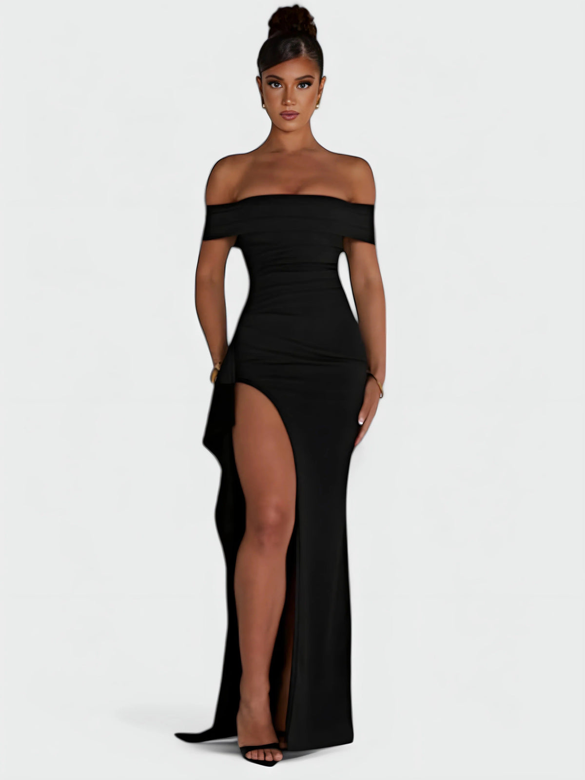 Off Shoulder Ruched High Split Maxi Dress 21