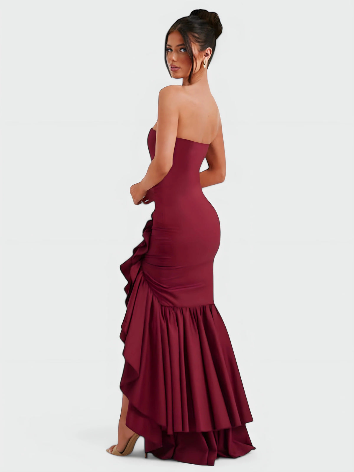 Strapless Floral Ruffle High Low Fishtail Maxi Dress 14