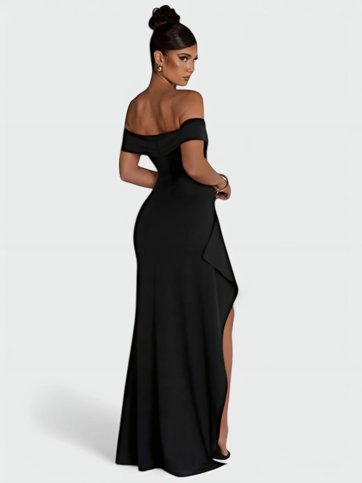 Off Shoulder Ruched High Split Maxi Dress 22