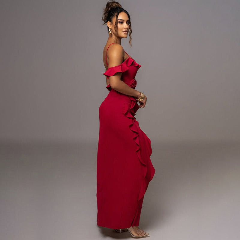 Satin Cold-Shoulder Ruffle Rosette High-Slit Maxi Dress 4