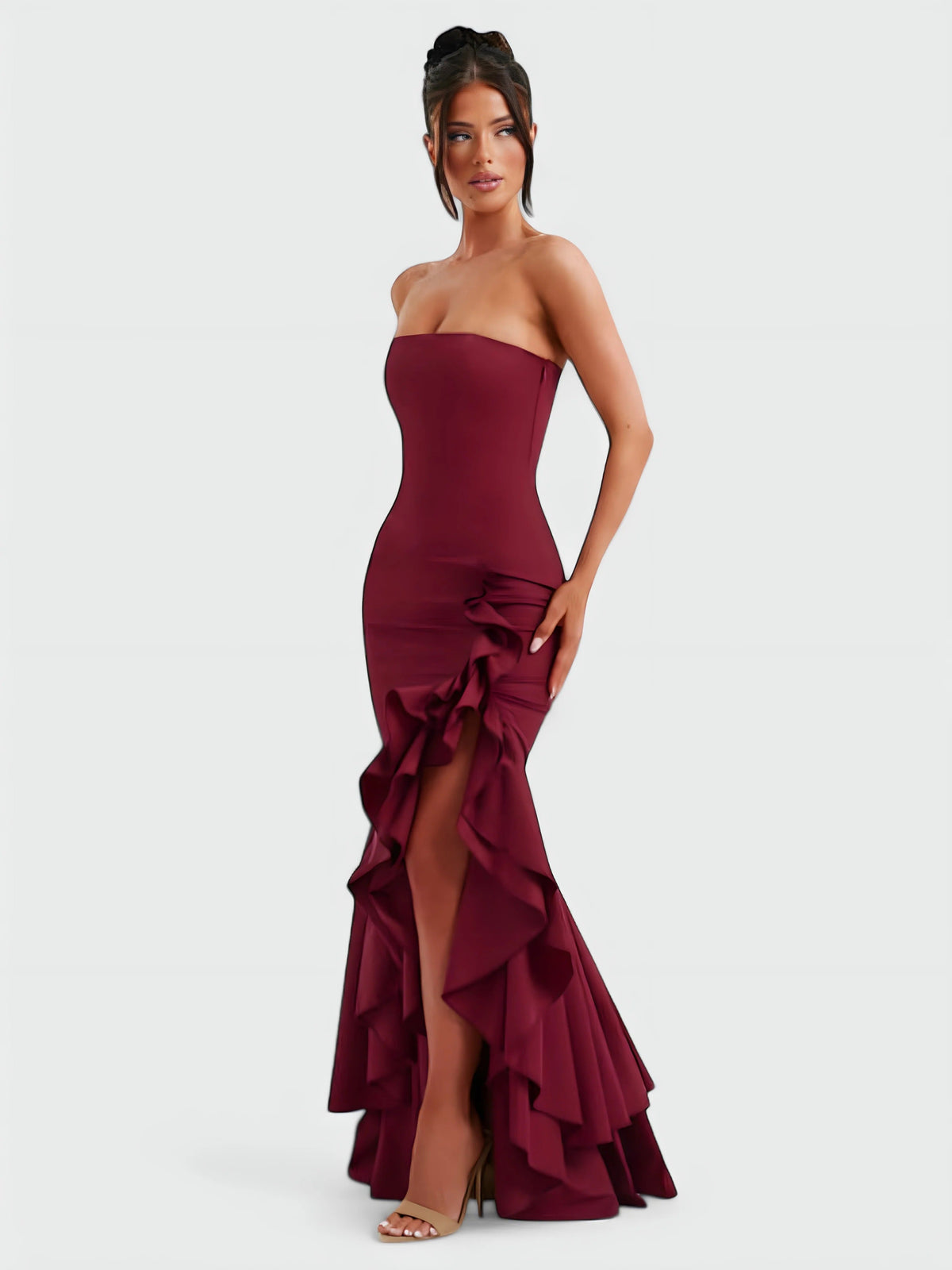 Strapless Floral Ruffle High Low Fishtail Maxi Dress 15