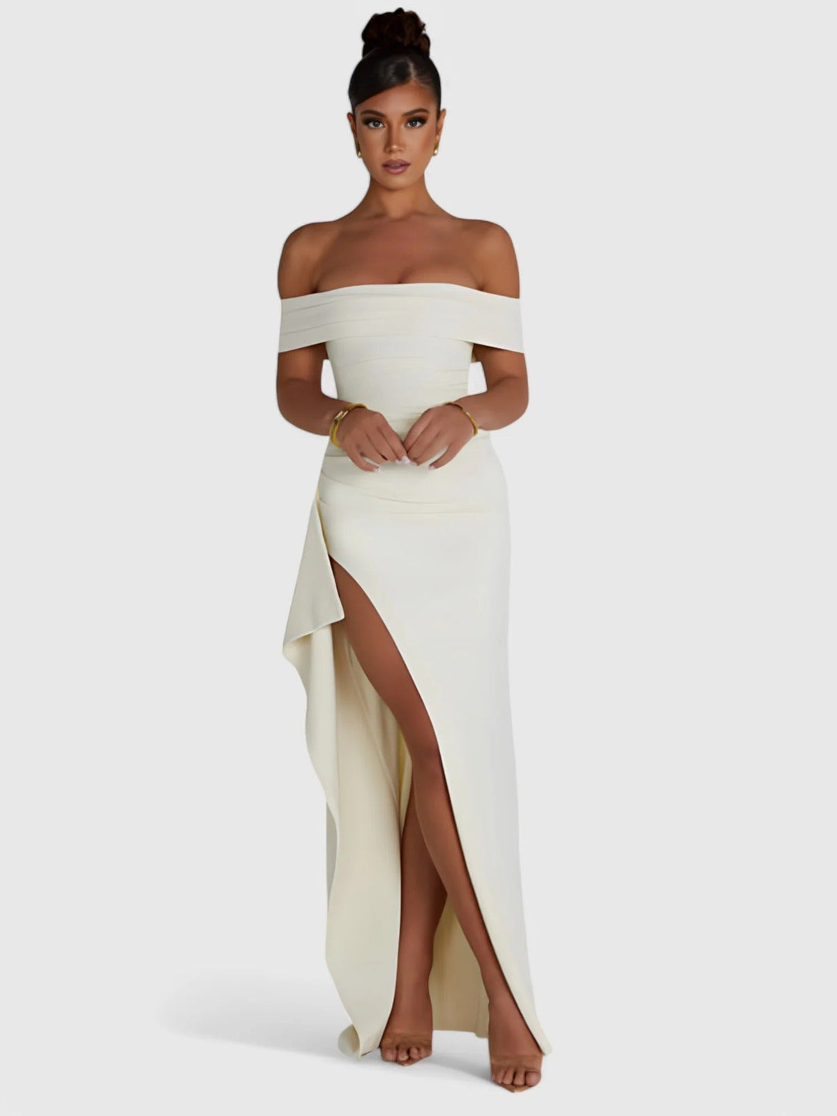 Off Shoulder Ruched High Split Maxi Dress 23