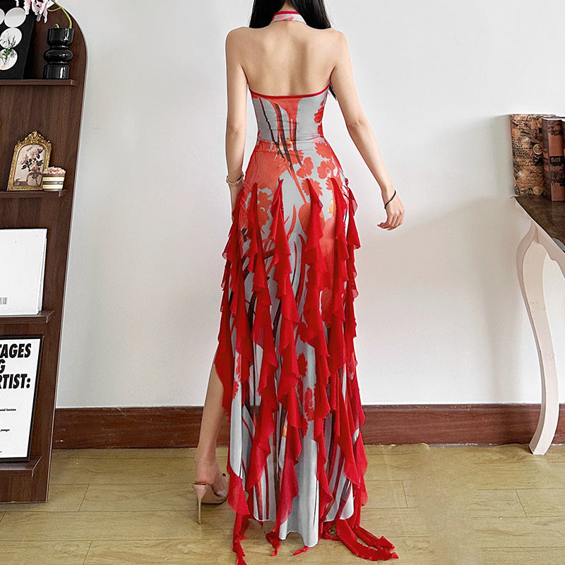Floral Print Halter Keyhole Ruffle-Trim Asymmetric Maxi Dress 5
