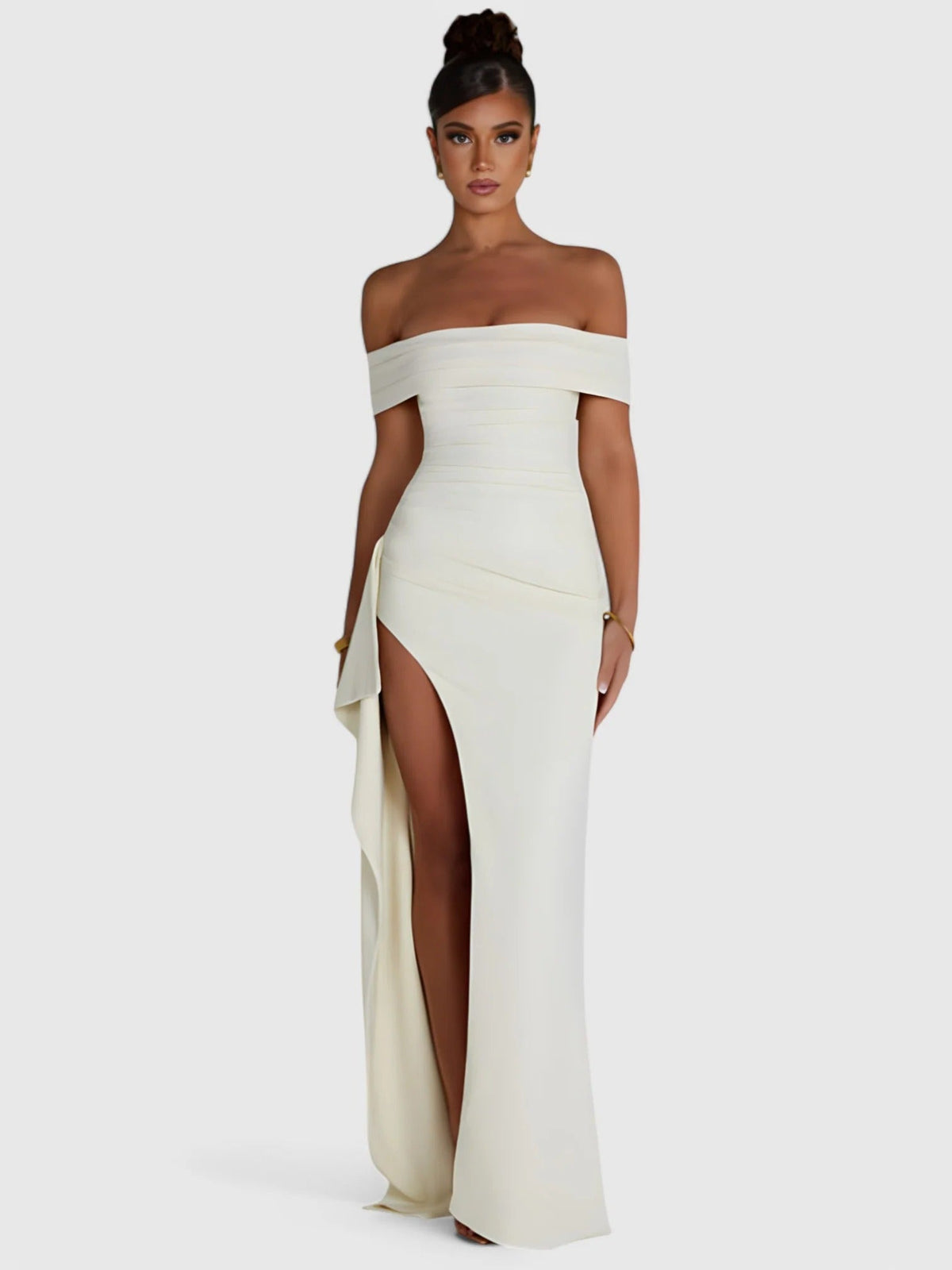 Off Shoulder Ruched High Split Maxi Dress 25