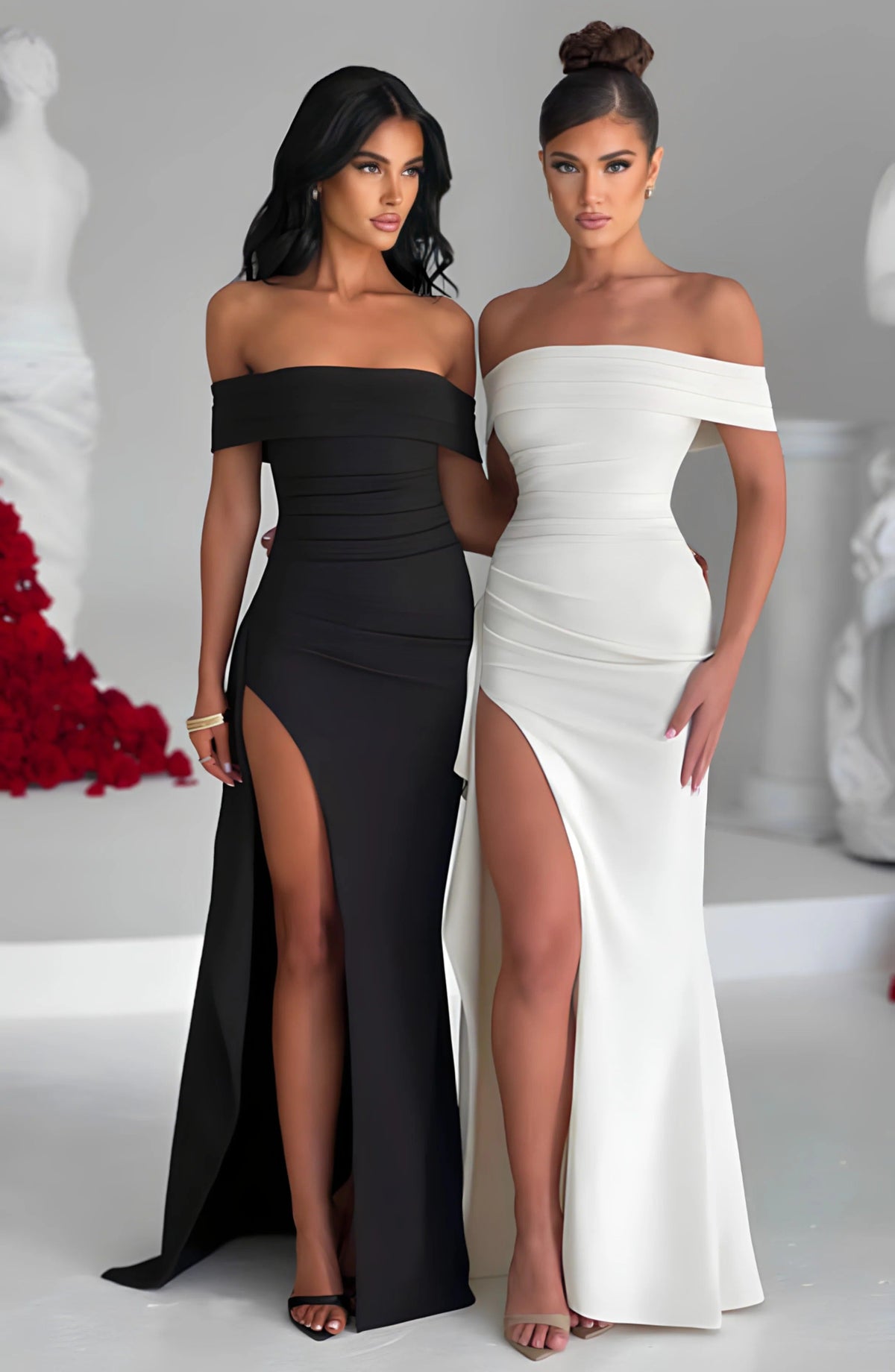 Off Shoulder Ruched High Split Maxi Dress 26