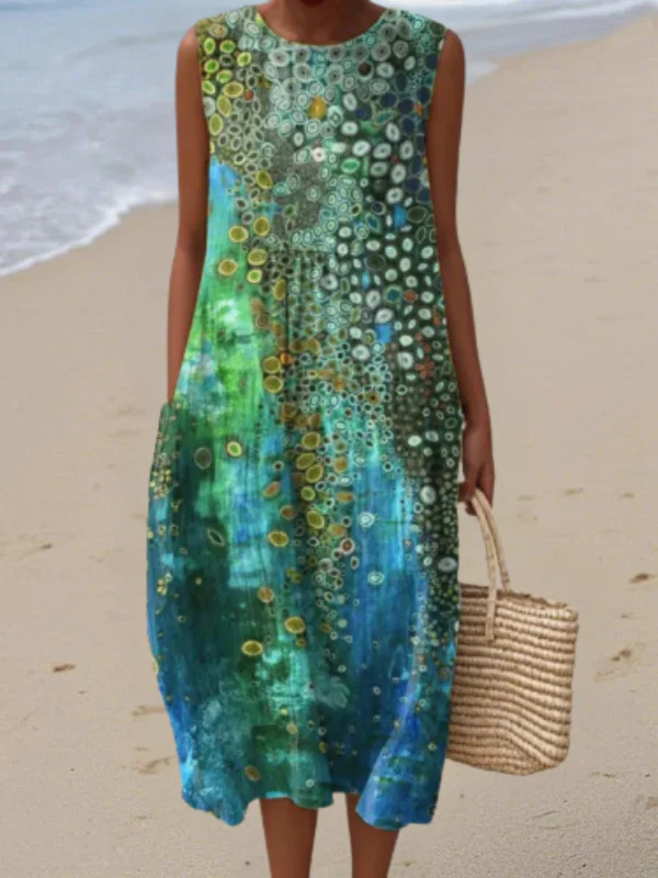 Sleeveless Round Neck Abstract Print Pocket Midi Dress
