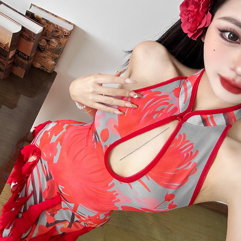 Floral Print Halter Keyhole Ruffle-Trim Asymmetric Maxi Dress 6
