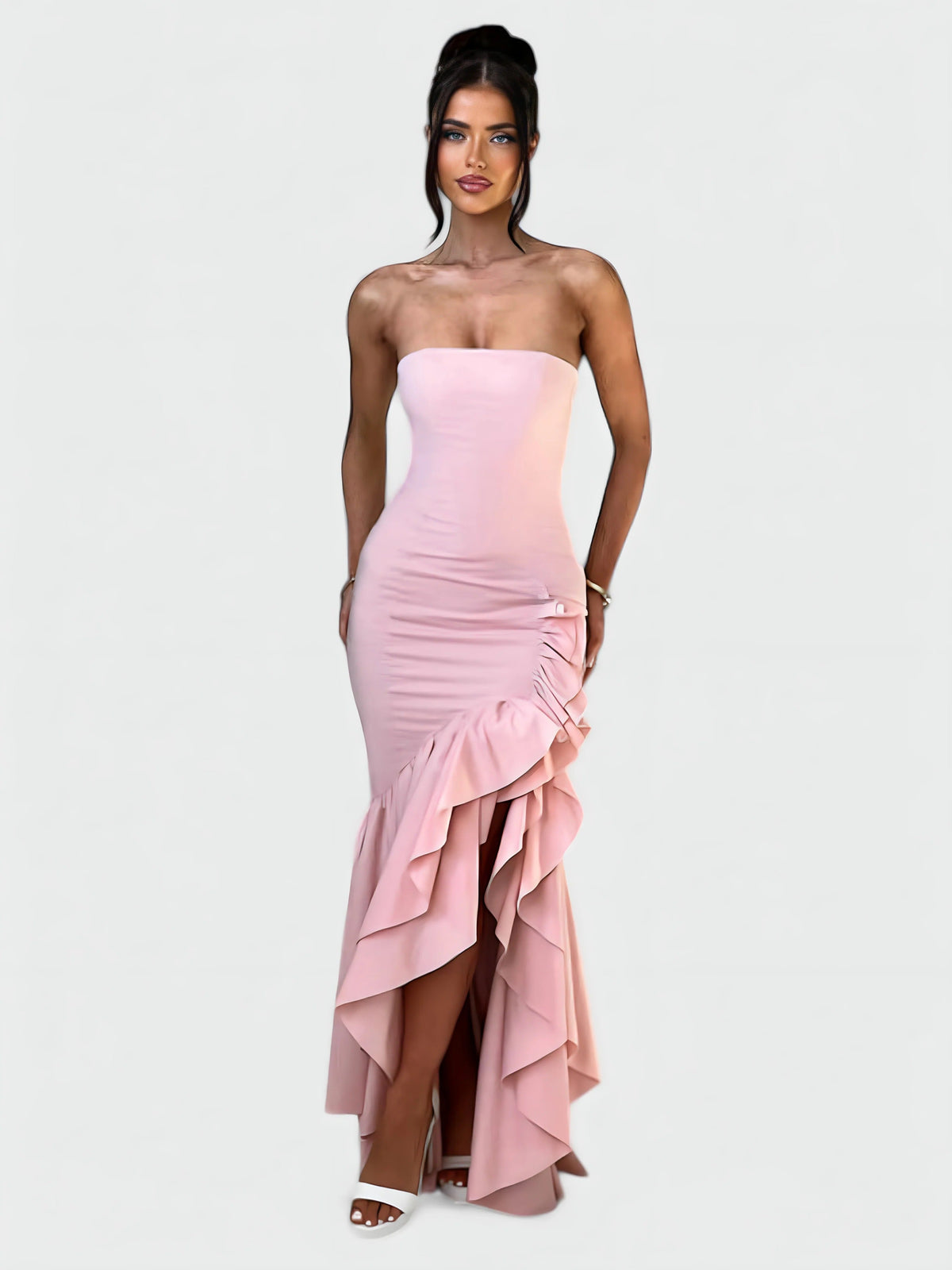 Strapless Floral Ruffle High Low Fishtail Maxi Dress 16