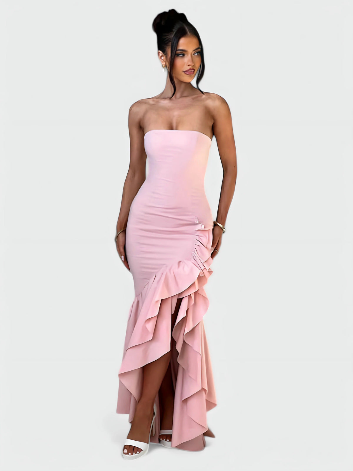 Strapless Floral Ruffle High Low Fishtail Maxi Dress 18