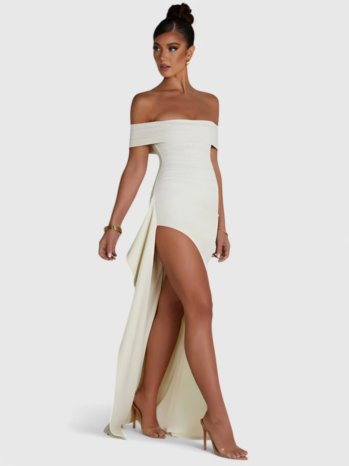 Off Shoulder Ruched High Split Maxi Dress 31