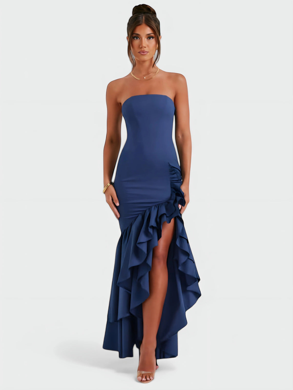 Strapless Floral Ruffle High Low Fishtail Maxi Dress 19