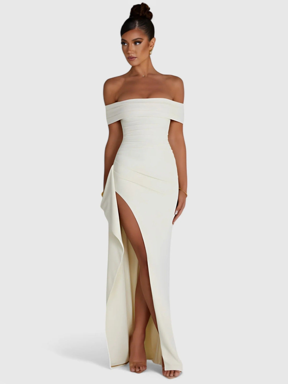 Off Shoulder Ruched High Split Maxi Dress 32
