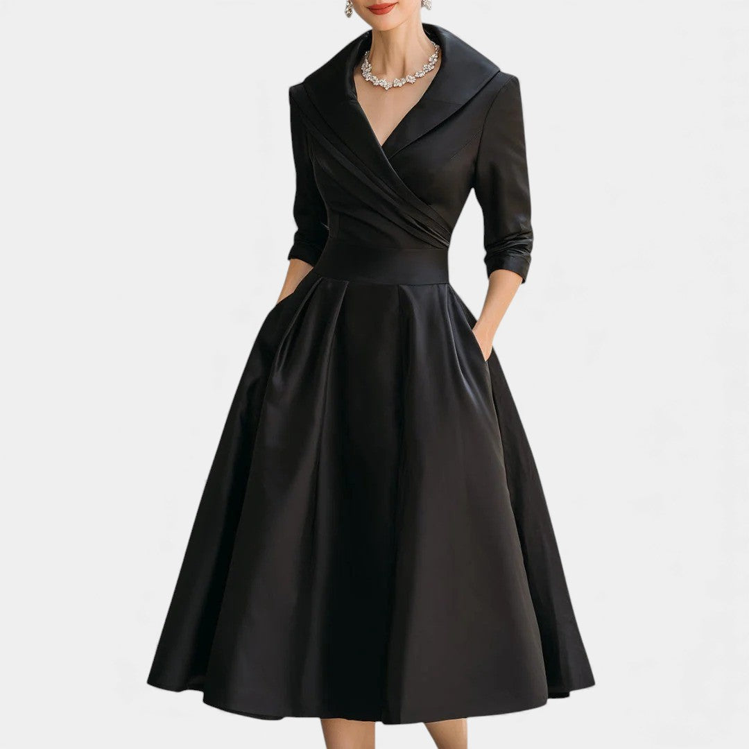 Shawl Collar Surplice Three Quarter Sleeve Fit and Flare Satin Midi Dress 6