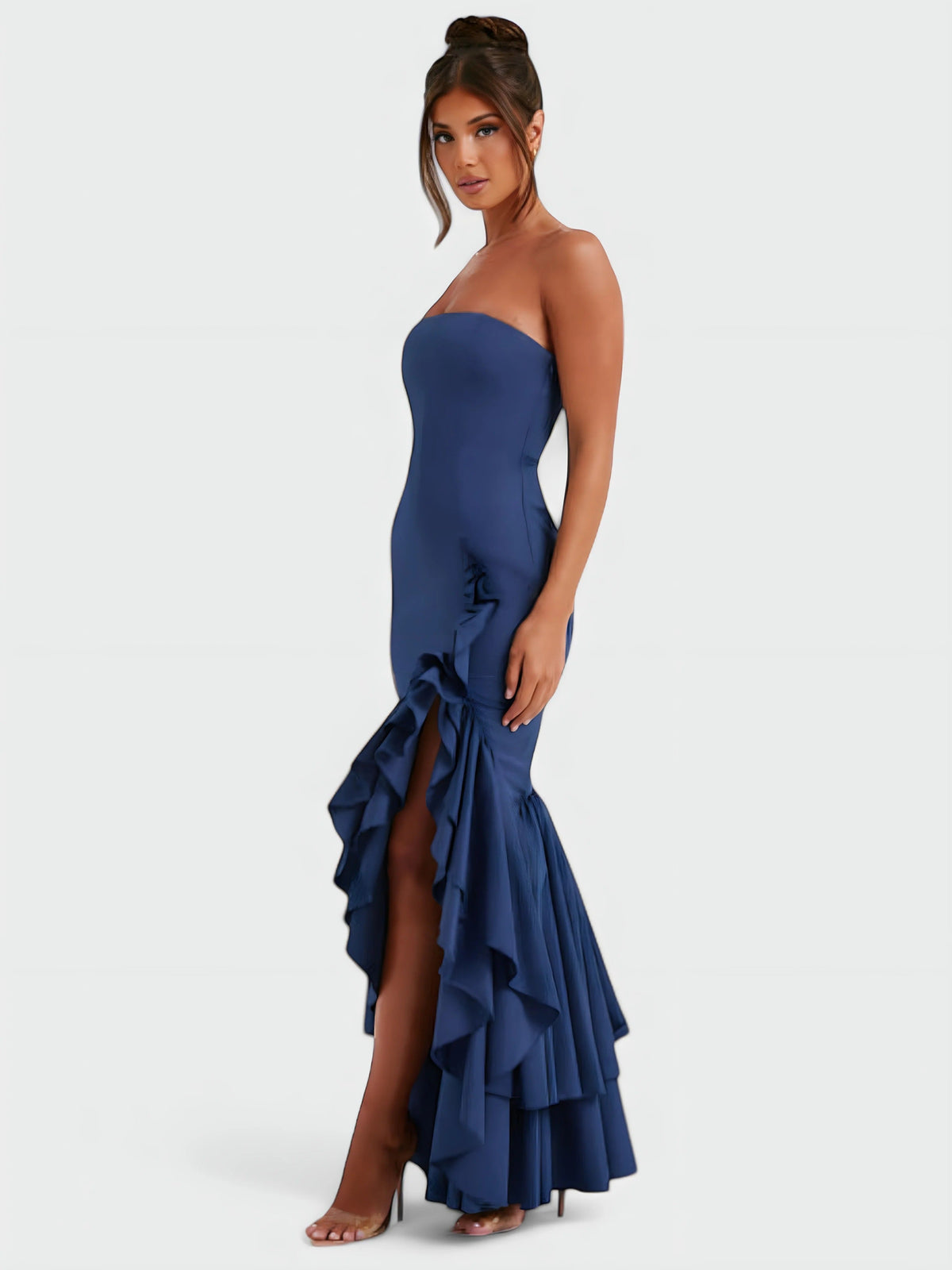 Strapless Floral Ruffle High Low Fishtail Maxi Dress 20