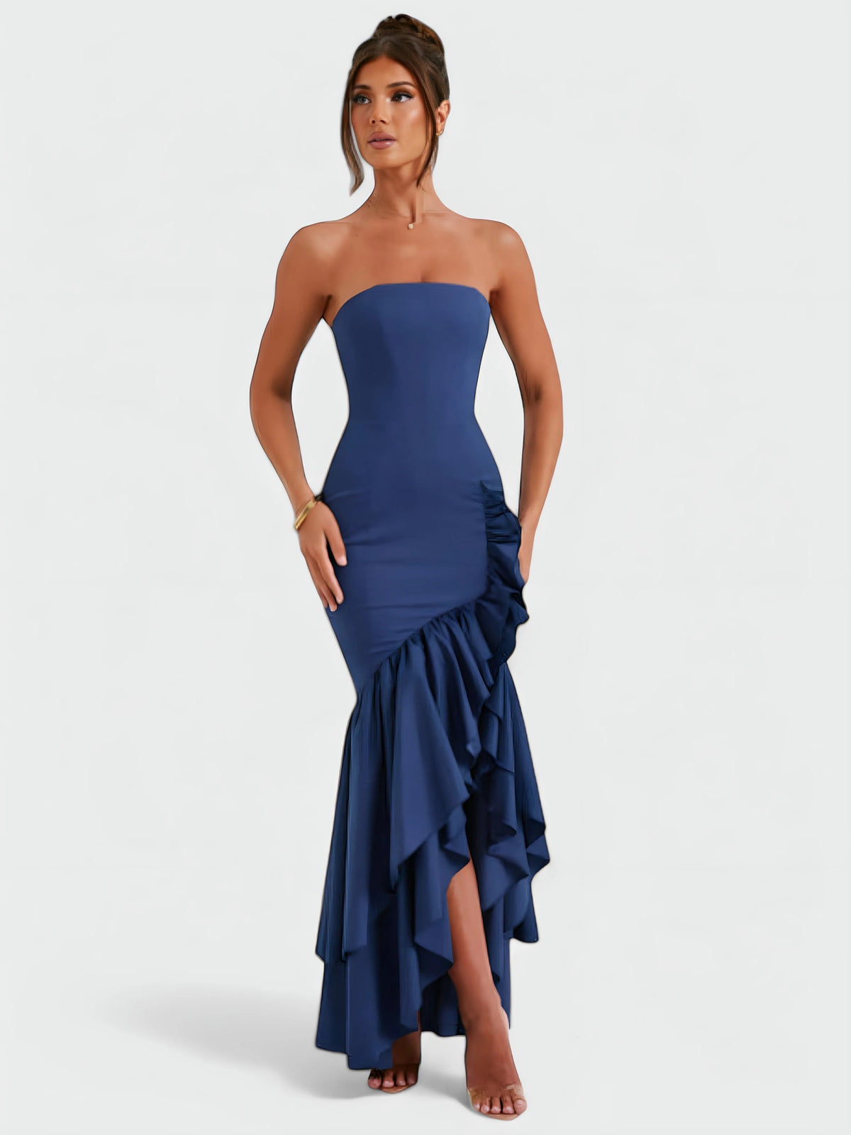 Strapless Floral Ruffle High Low Fishtail Maxi Dress 21