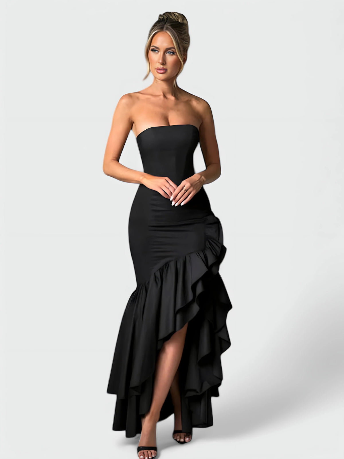 Strapless Floral Ruffle High Low Fishtail Maxi Dress 22