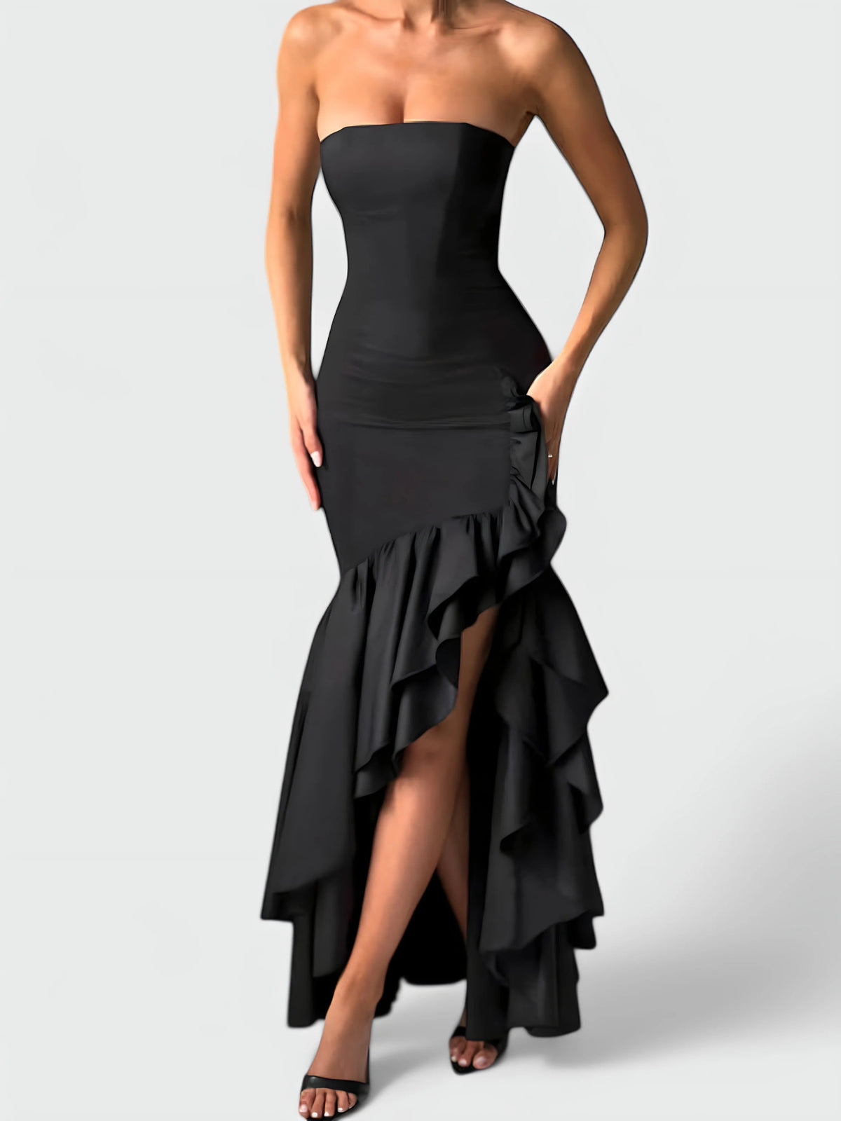 Strapless Floral Ruffle High Low Fishtail Maxi Dress 24