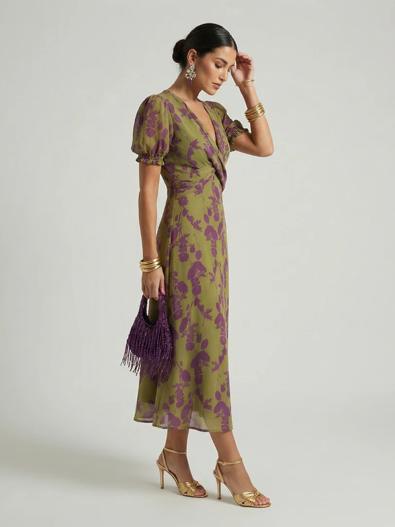Floral V-Neck Puff Sleeve Wrap Midi Dress 2