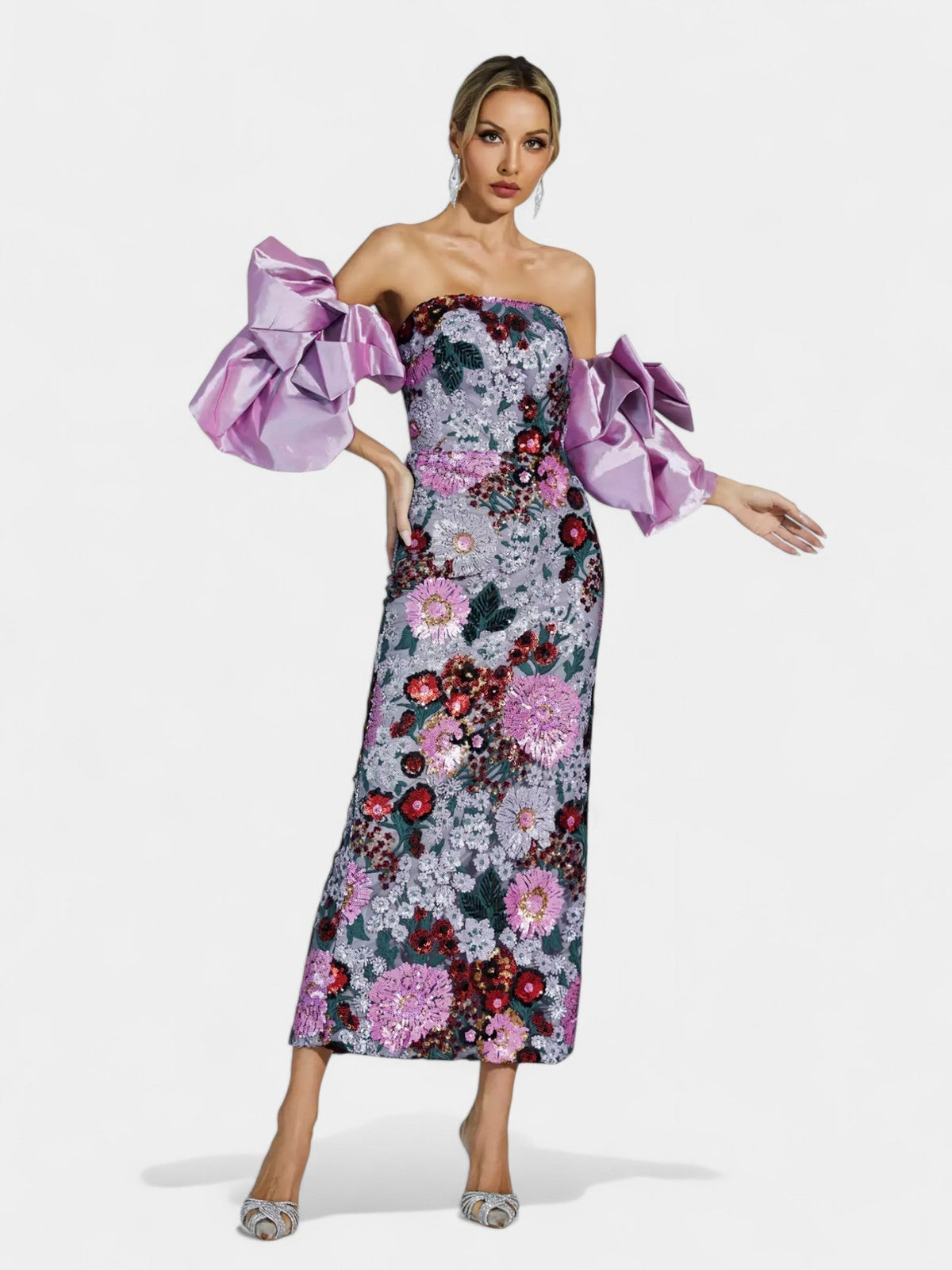 Strapless Floral Sequin Bodycon Midi Dress 7